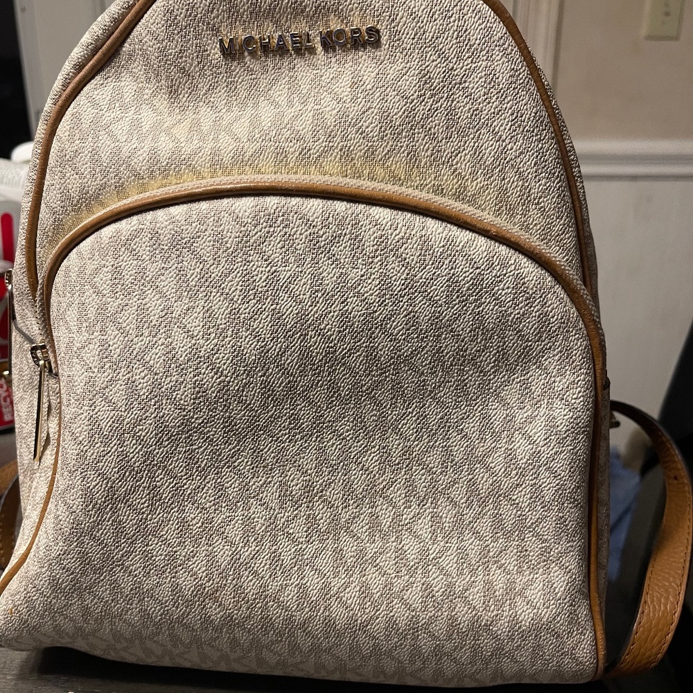 Cream and tan medium Michael Kors Bookbag with matching card holder ID wallet